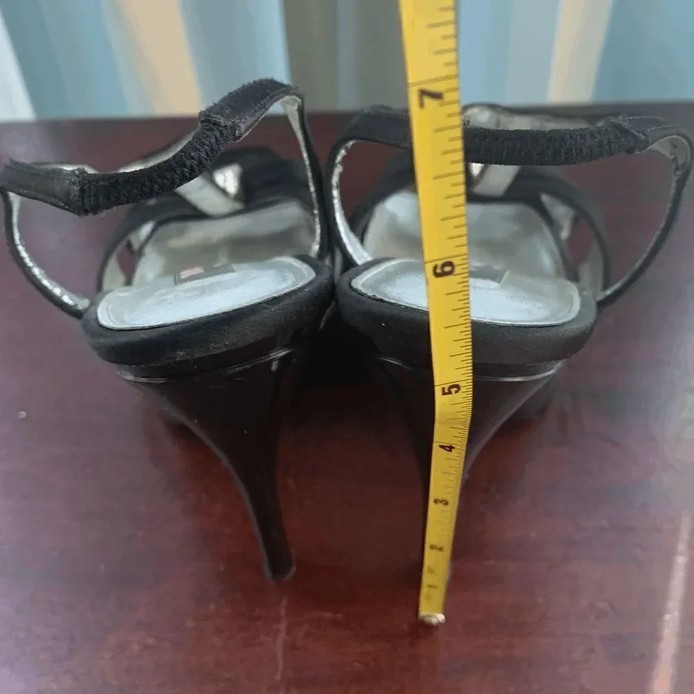 Nina Womens High Heels Peep Toe Sandals Ankle Strap Black Silver Shoes Size 6
